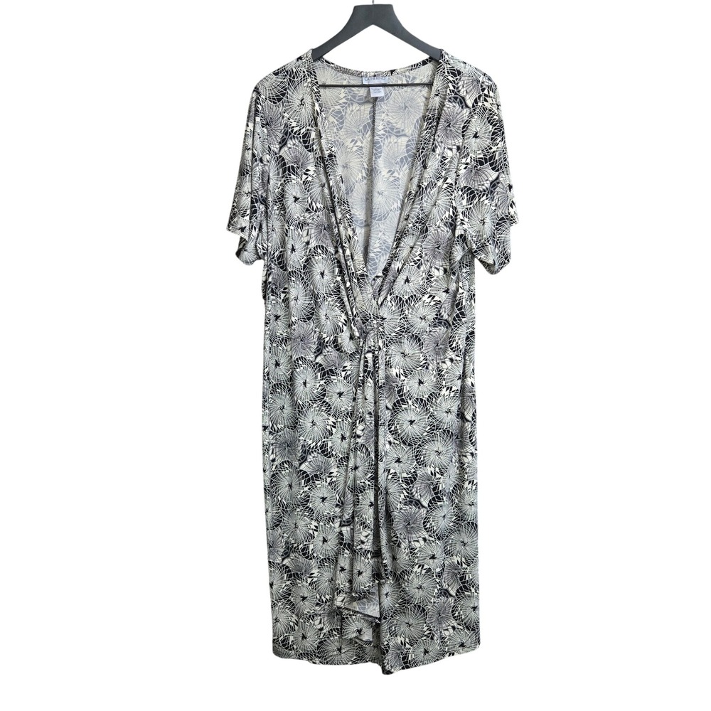 Catherines Plus Size 2X Black White Geometric Spiral Faux Wrap Midi Dress V-Neck
